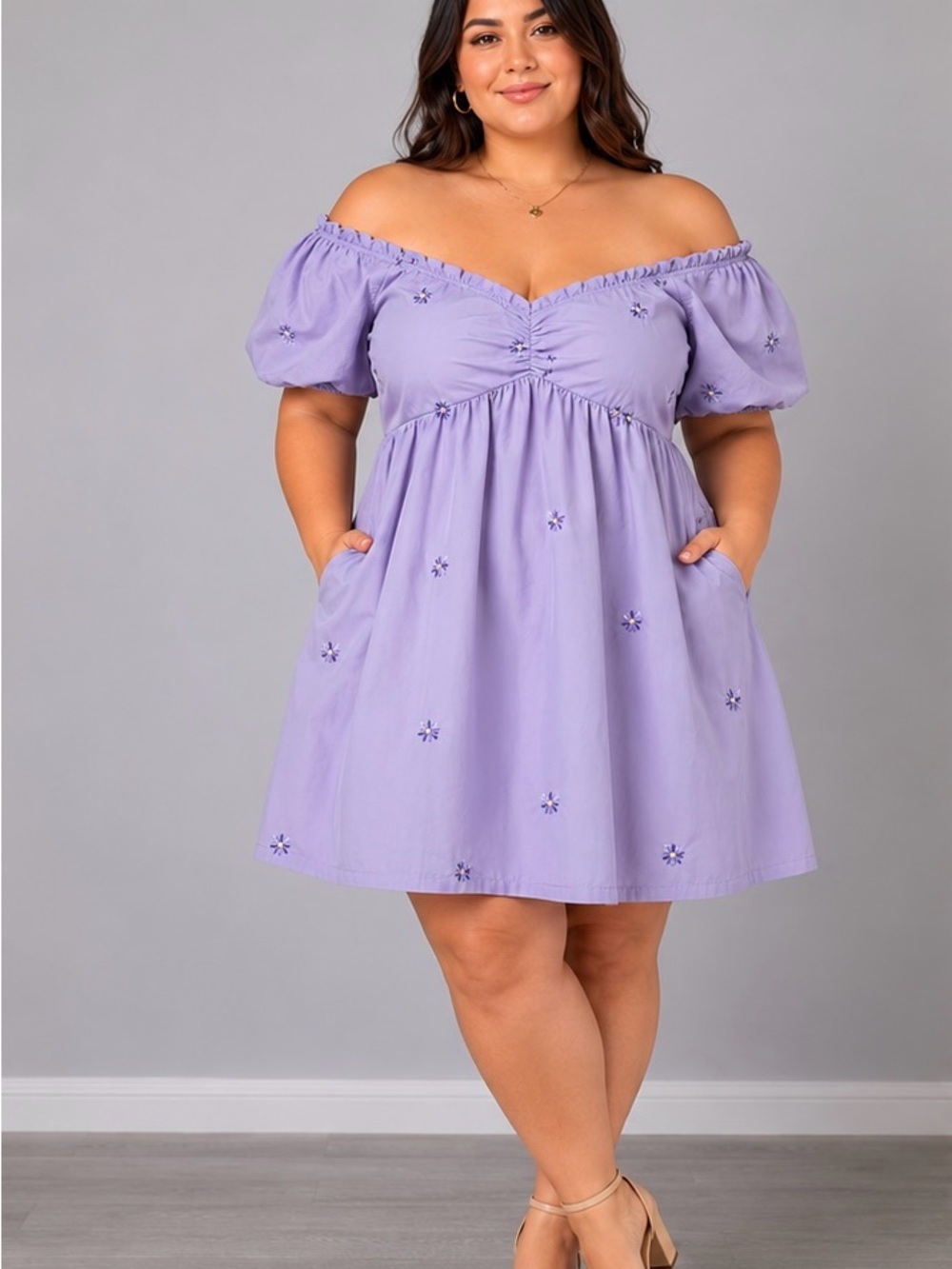 Endless Rose Lavender Off-Shoulder Embroidered Mini Dress